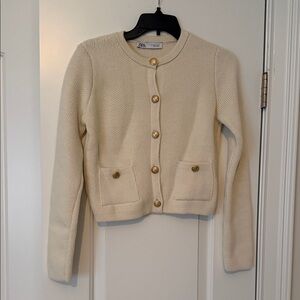 Zara Ivory Knit Cardigan with Gold Accents